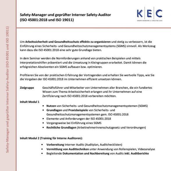 Safety-Manager und geprüfter Interner Safety-Auditor (ISO 45001:2018 und ISO 19011)
